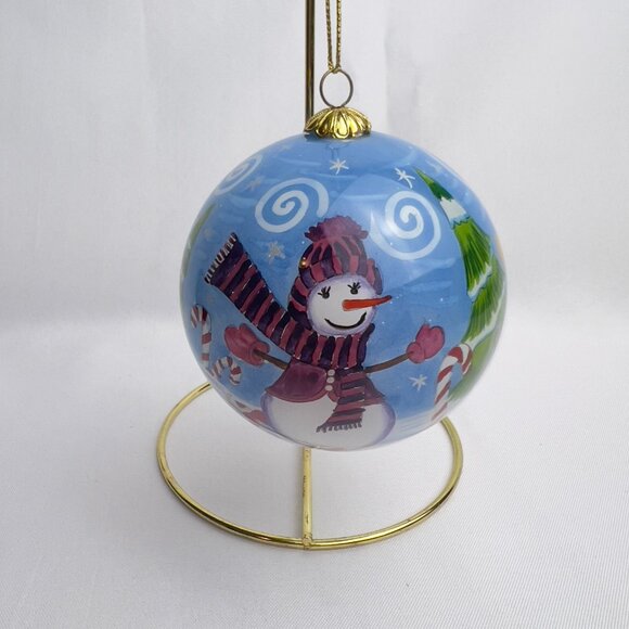 PIER 1 Li Bien Round Christmas Ornament Snowman Glass Blue Hand Painted w/Box - Picture 4 of 4